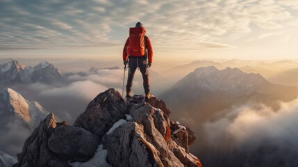 A man on top of a mountain looking at view.