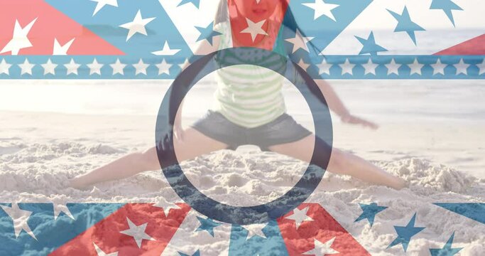 Animation of circle over national flag of america against caucasian girl doing split on beach