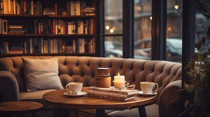 Obraz premium a couch with a table and coffee cups on it