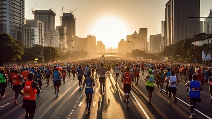 Crowd of people running a city marathon. Back view.. Generative AI - obrazy, fototapety, plakaty