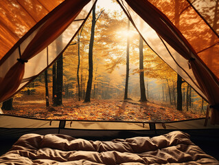 Traveler holding relaxing inside a orange tent and enjoy the view of sunset on autumn forest in national park