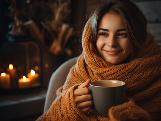 Woman holding a cup of coffee. Drink morning. A girl in a cozy house drinks a hot drink. Generative ai