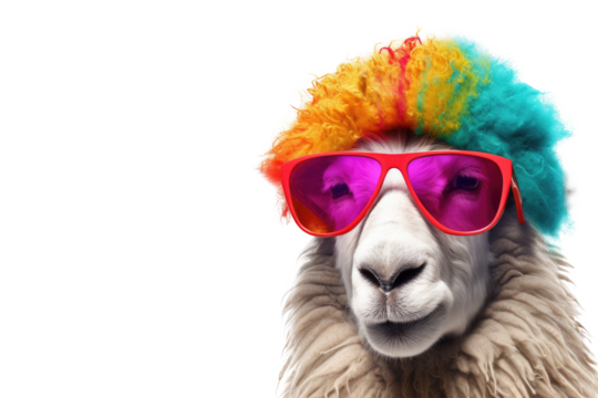 Abstract of fashion style sheep wearing sunglasses portrait isolated on clean png background, sheep fur multi colored colorful on skin body  and hairs paint, with Generative AI.