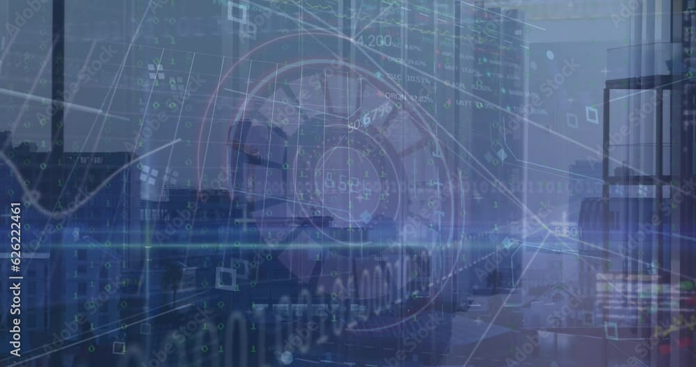 Poster animation of loading circles over computer language and trading board against modern building