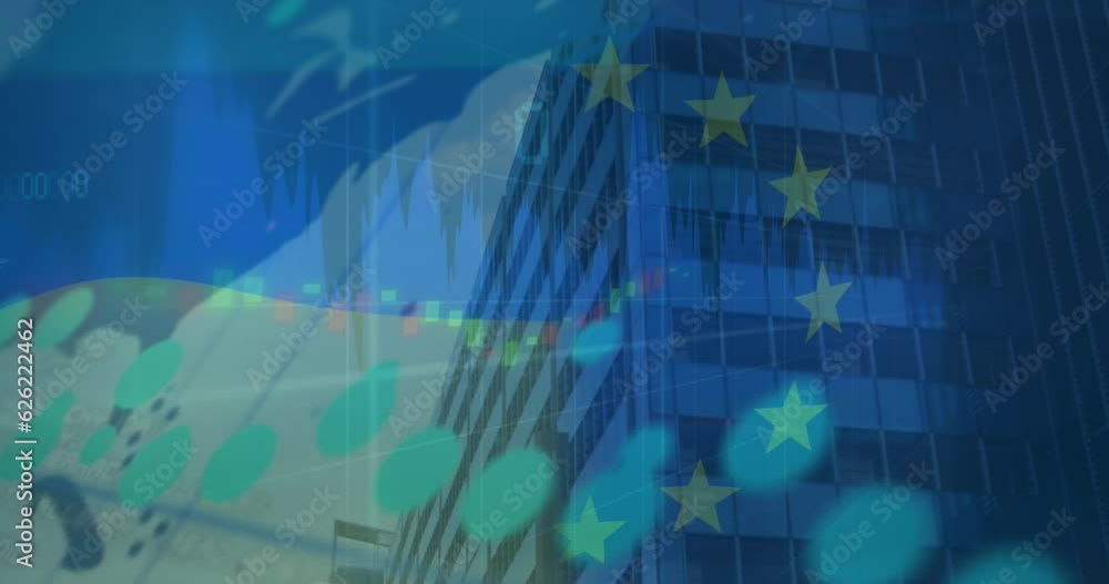 Poster animation of graphs, map and european flag over low angle view of building against sky