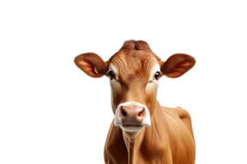 Brown Cow or bullock farm portrait looking at camera isolated on clear png background, funny moment, Farmland animals concept, with Generative Ai.
