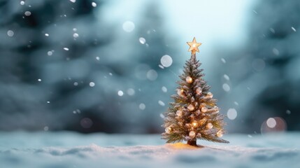 Beautiful decorated christmas tree in a winter landscape with snow