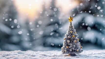 Beautiful decorated christmas tree in a winter landscape with snow