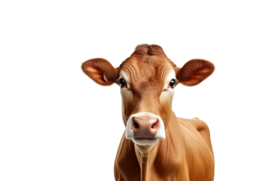 Brown Cow or bullock farm portrait looking at camera isolated on clear png background, funny moment, Farmland animals concept, with Generative Ai.