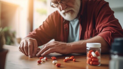 Close-up of a man at home sitting down handling a prescription pill bottle