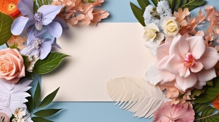 Creative layout made of flowers and leaves with paper card
