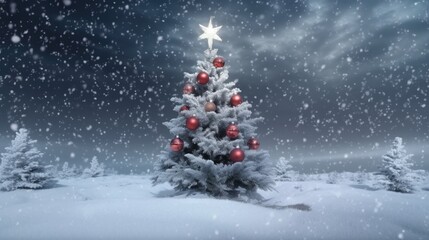 Obraz premium Beautiful decorated christmas tree in a winter landscape with snow