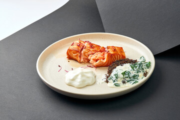 Salmon fillet with parmesan espuma, spinach and quinoa in a plate