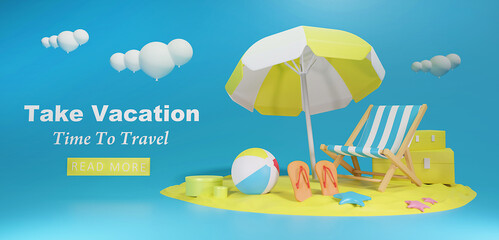 Obraz na płótnie Canvas 3d template design - Yellow Umbrella and Ball, Summer holiday, Time to travel web concept.