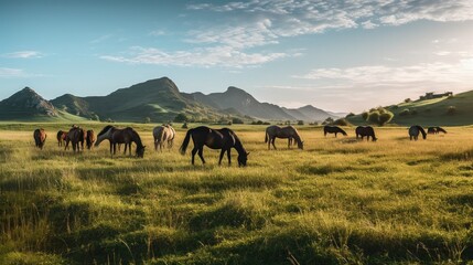 Herd of horses grazing grass on pasture