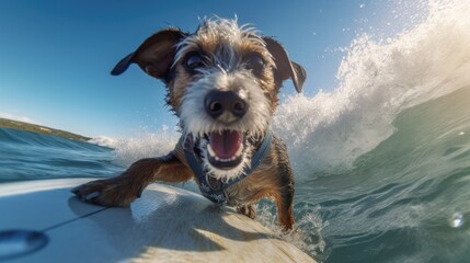 Jack Russell dog surfing on a wave. Generative AI