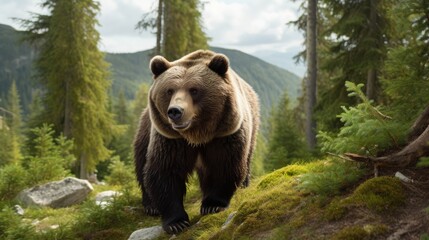 Large Carpathian brown bear in nature. Generative AI