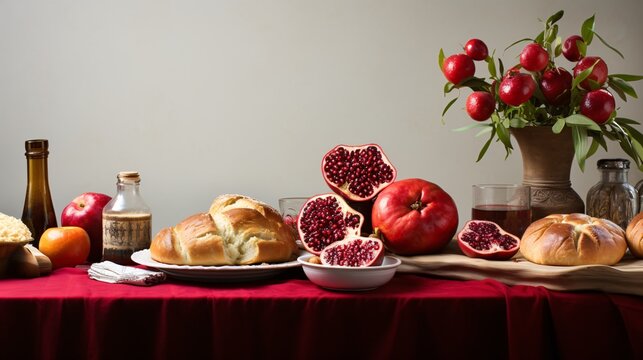 Rosh Hashana. Beautifully set holiday table, adorned with symbolic foods like challah and pomegranates