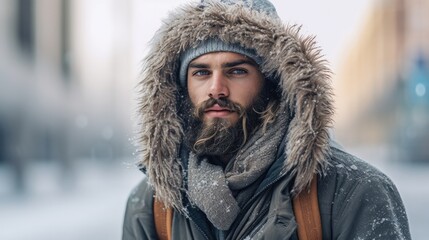 Man in parka, hat and scarf frozen from the cold