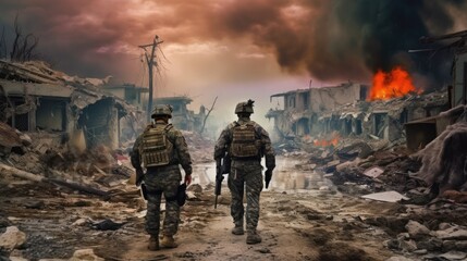 Naklejka premium Military special forces soldiers crosses destroyed warzone through fire and smoke. Generative AI