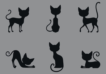A six piece collection of black cat silhouettes. Vector on gray background.