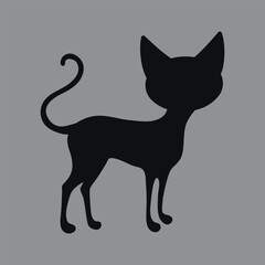 black silhouette of cartoon cat. Vector on gray background.