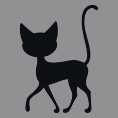 black silhouette of cartoon cat. Vector on gray background.