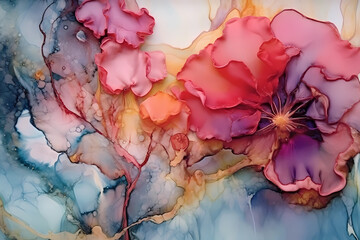 A creative, abstract work of art painted with alcohol ink. Transparent ink colors. Fashionable wallpaper. Abstract painting that can be used as a background for wallpapers, posters. Generative Ai.