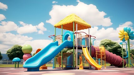 a colorful playground with a slide
