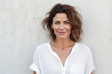 Smiling 40 year old woman in white shirt posing in front of a plaster wall.