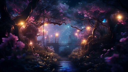 a bridge with trees on the side - obrazy, fototapety, plakaty