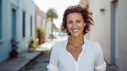 Smiling 40 year old woman in white shirt posing outdoors.