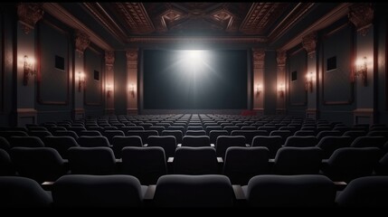 Interior of dark cinema auditorium with light