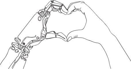 Love Sign: Robot and Human Sketch Drawing, Outline Illustration of Robot and Human in Love, Robotic Love,  Robot and Human Making Love Gesture