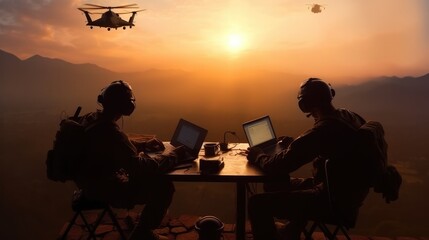 	
Silhouettes of soldiers are using drone and laptop for scouting during military operation. Generative AI	
