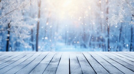 Wooden planks on light blurred background of snow-covered forest