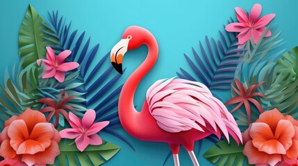 Summer sale banner with paper cut flamingo and tropical leaves background .Generative AI