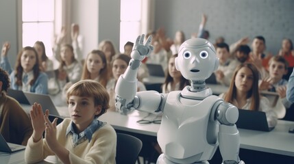 Robot among students is raising its hand