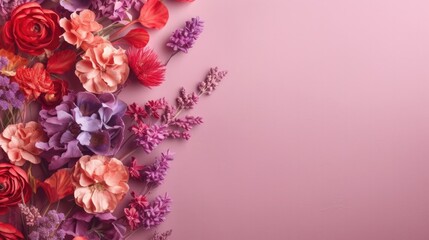 Top view image of red and purple flowers composition with copy space. Generative AI