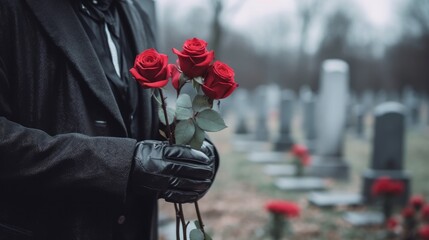 Sad man at the cemetery with a red roses. Generative AI	