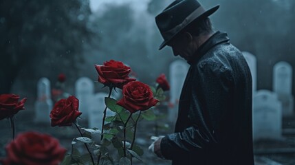 Sad man at the cemetery with a red roses. Generative AI	