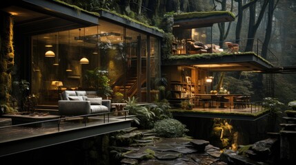 Modern Home Surrounded by Exotic Greenery - Modern Jungle Home with a Beautiful Tropical Backdrop. Generative AI.