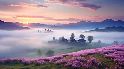 a field of flowers with a house in the background