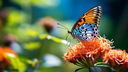 a butterfly on a flower - obrazy, fototapety, plakaty