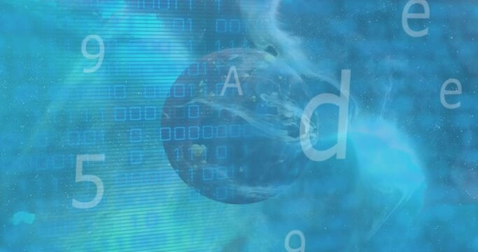 Animation of letters, numbers over binary codes against globalization on abstract background