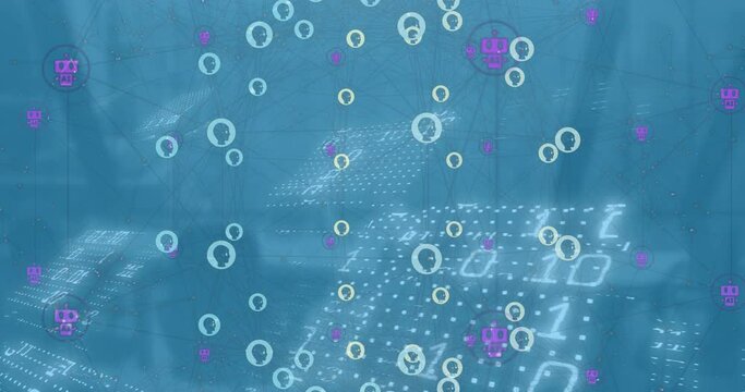 Animation of connected icons forming globe over binary codes and glass window in office
