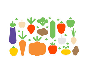 Vegetables symbol icons set. Eggplant and potatoes. Pumpkin and turnip. Radish and tomato. Garlic and carrot signs