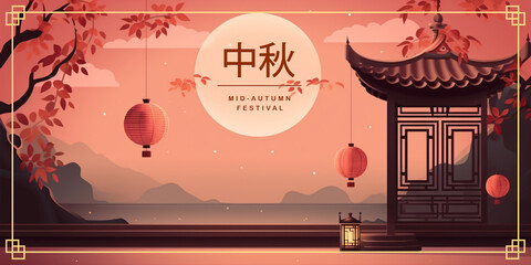 Mid autumn festival greeting card with moon, lantern on pastel background. Chinese translate : Mid Autumn. Chuseok.