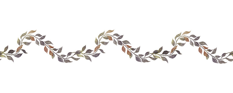 Vintage seamless border of roseship branches with leaves. Botanical Endless banner. Hand painted watercolor illustration for wedding invitation, pack.