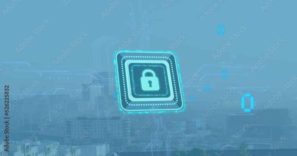 Poster animation of padlock in squares over binary codes against modern cityscape against sky